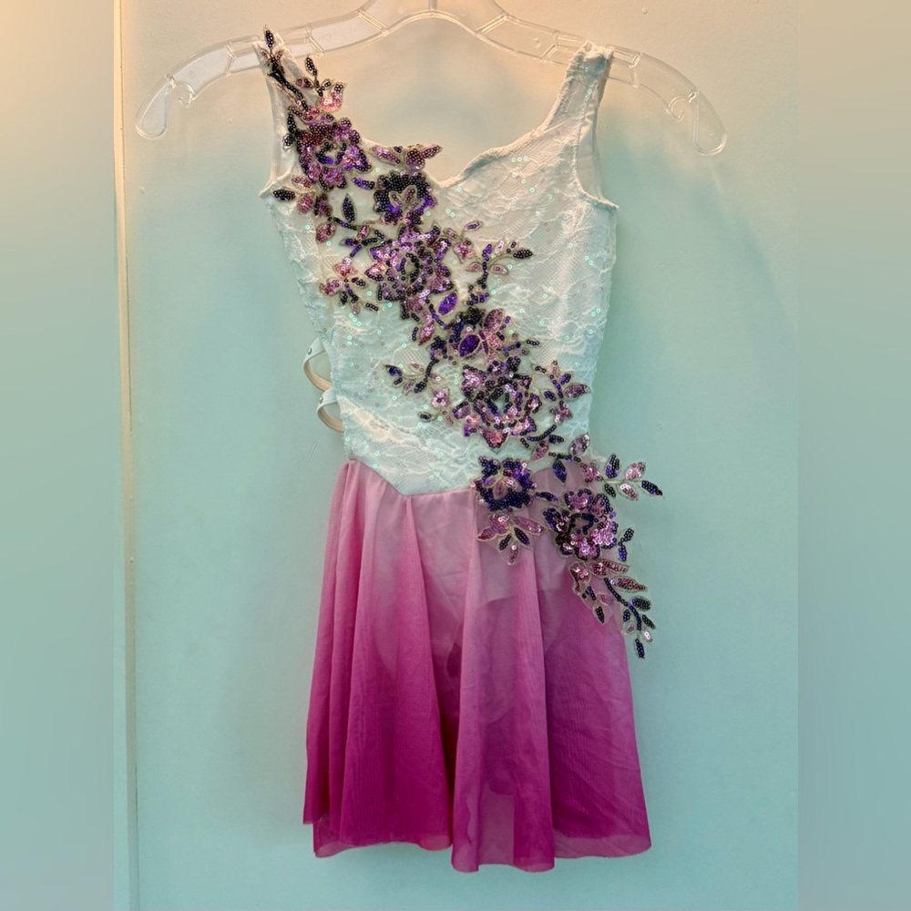 Glamour White & Pink Lyrical Dance Costume with sequined floral appliqués